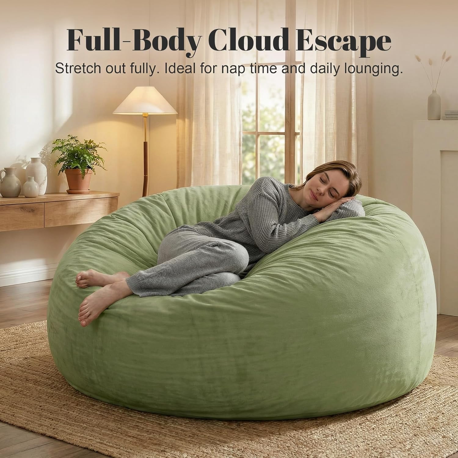 5-Foot Oversized Sage Bean Bag Chair for Adults with Premium Shredded Foam Filler, Machine Washable Cover