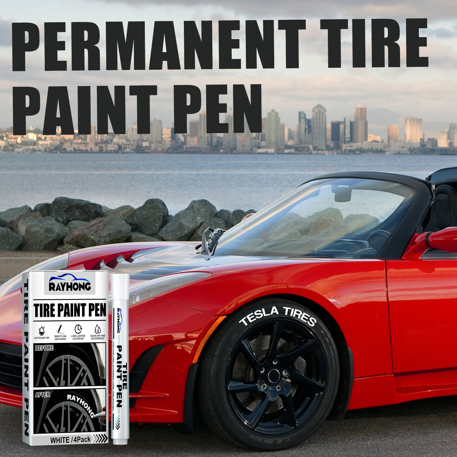 Tire Paint Pen, 4 Pack White Marker Pen Tire Paint Marker Pen Waterproof  Oil Based Car Tire Graffiti Tracing Pen for Auto Rubber Tyre Tread (White)