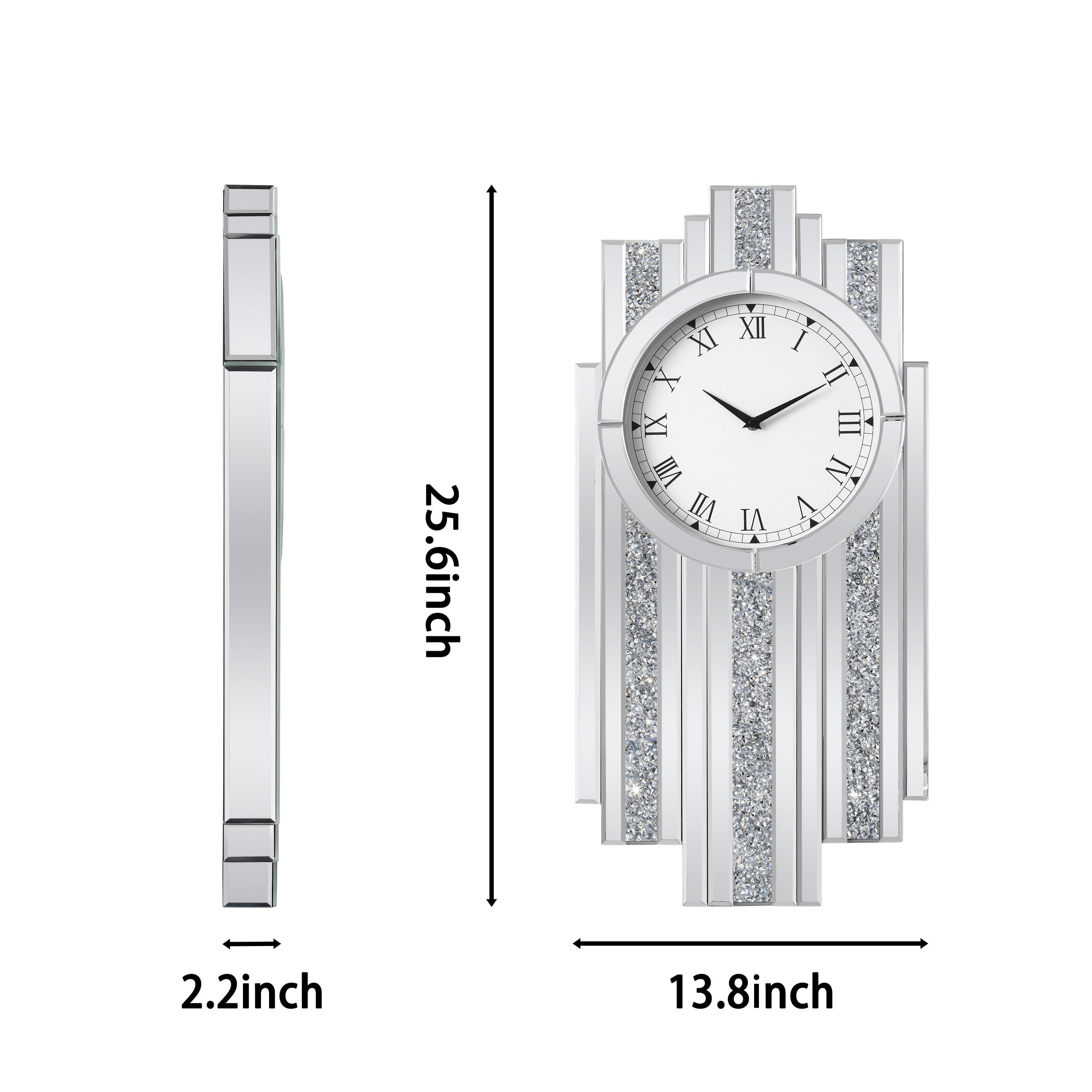 SHYFOY Luxury Art Deco Mirrored Wall Clock with Crushed Diamond Inlay Silver Glass Accent for Living Room