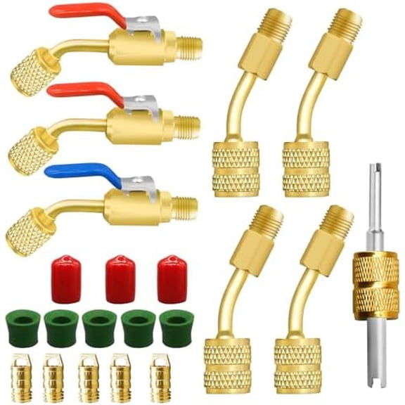 21Pcs Small Split Adapter Kit, R410A Adapter R410A Refrigerant Low Loss Fittings HVAC for R410A R134A R12 R22 Refrigerant, Air Conditioning Refrigerant Angled Ball Valve 1/4 Inch for Split System