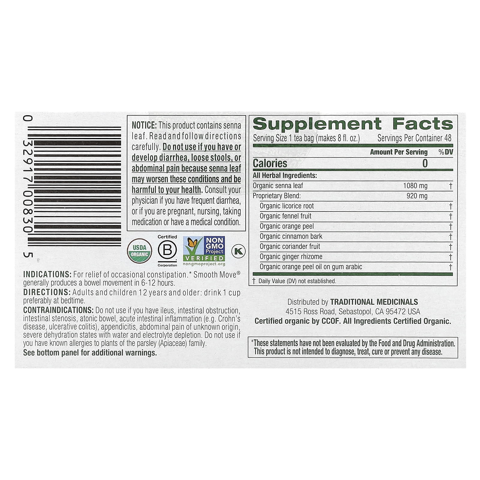 Traditional Medicinals Organic Smooth Move®, Original with Senna, Caffeine Free, 48 Wrapped Tea Bags, 3.38 oz (96 g)
