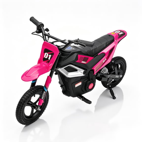 RJV 24V Electric Dirt Bike for Kids, 250W Chain Drive Motorcycle with Twist Throttle, Air Tires, Rear Disc Brake, Suspension, Bluetooth USB, Hot Pink