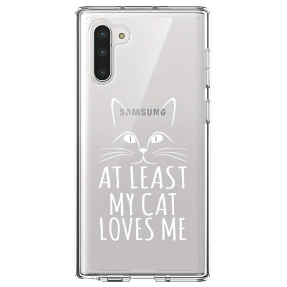 DistinctInk Clear Shockproof Hybrid Case for Samsung Galaxy Note 10 (6.3" Screen) - TPU Bumper Acrylic Back Tempered Glass Screen Protector - At Least My Cat Loves Me