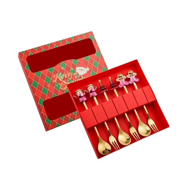 Lipstore Christmas Characters Spoons and Forks Flatware Decoration Portable Easy Cleaning Red Box