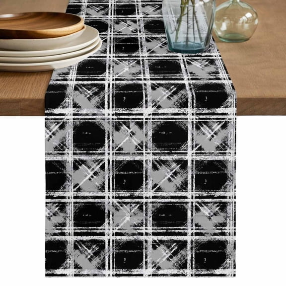 Grey Geometric Table Runner 48 Inches, Black White Boho Bed Runner Dresser Scarves Tabletop for Indoor Outdoor Parties/Ceremony/Banquet, 13" x 48"