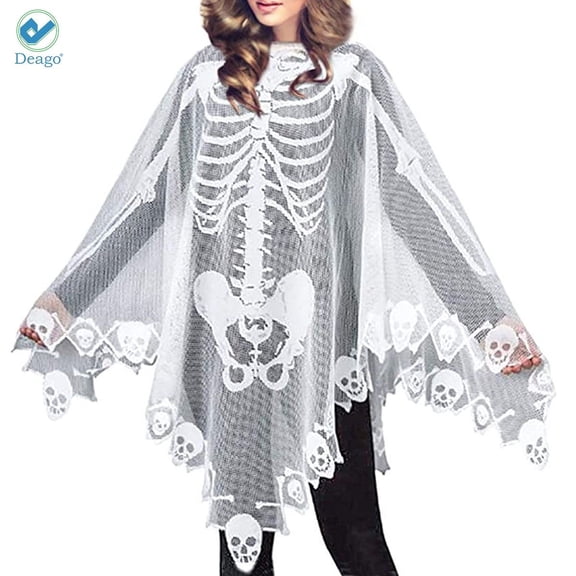 Deago Halloween Poncho White Lace Skeleton Poncho for Women, Day of The Dead Halloween Costume Cape 57 x 57 Inch