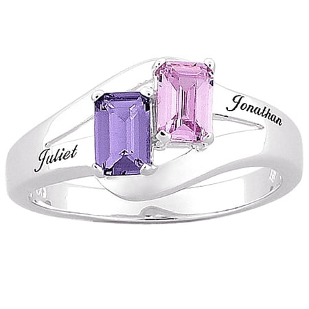 Women's Personalized Planet Sterling Silver Engraved Couple's Ring with Emerald-Cut Birtstones