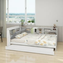Wood Full Size platform bed with Trundle, Shelves and Storage Headboard, White