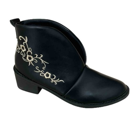 

Boots for Women Autumn Embroidered Ankle Boots with Thick Heels and Flat Rounded Heads for V-Shaped Embroidery and Nude Boots for Ladies