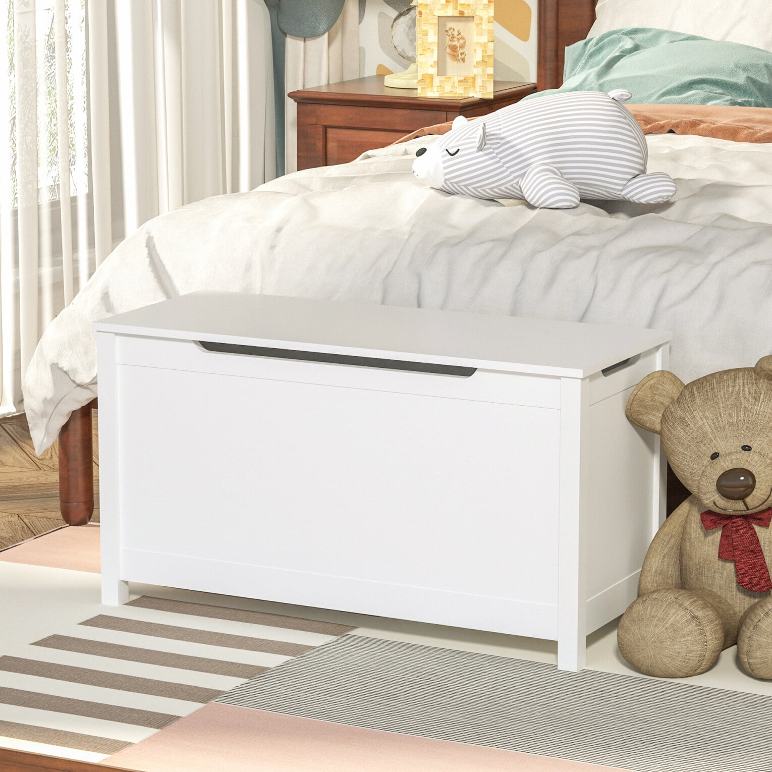 Toy Box Storage Chest for Kids Girls Boys Ages 3+, Wooden Trunk Bench w/Flip-top Lid & Safety Hinge, Kids Toy Storage Organizer Boxes Bins Baskets for  Nursery, Playroom, Bedroom, Closet, White