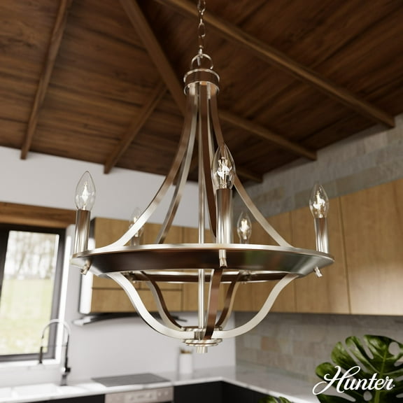 Hunter - Perch Point 5-light Brushed Nickel, Medium Size Chandelier, Dimmable, Casual Style, Empire Shaped, for Bedrooms, Dining, Living Rooms - 19425