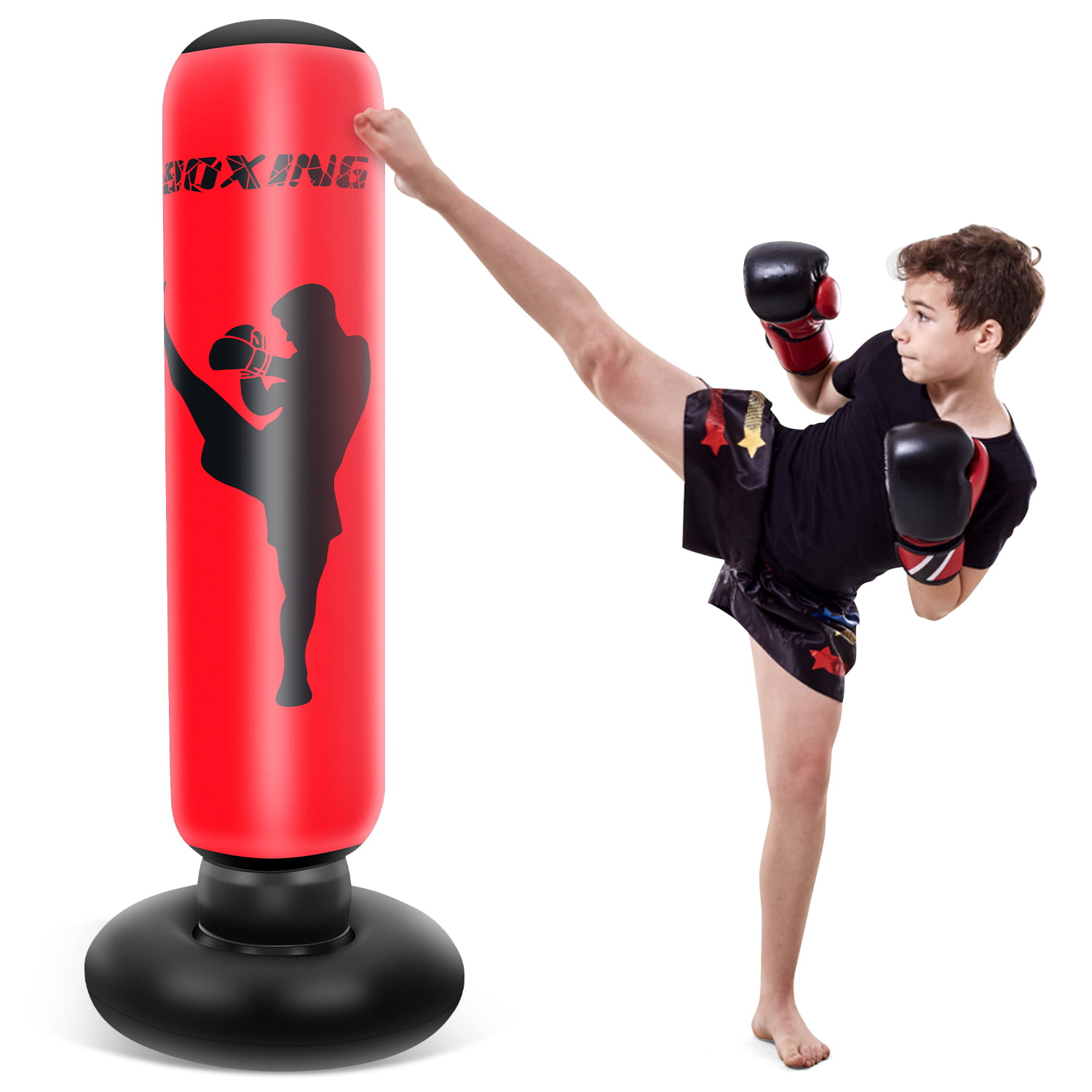 63inch Inflatable Punching Bag Kids Adults Freestanding Boxing Bag Heavy Fitness Punching Bag for Children Bounce-Back Action Practicing Karate Boxing Kickboxing Muay Thai 