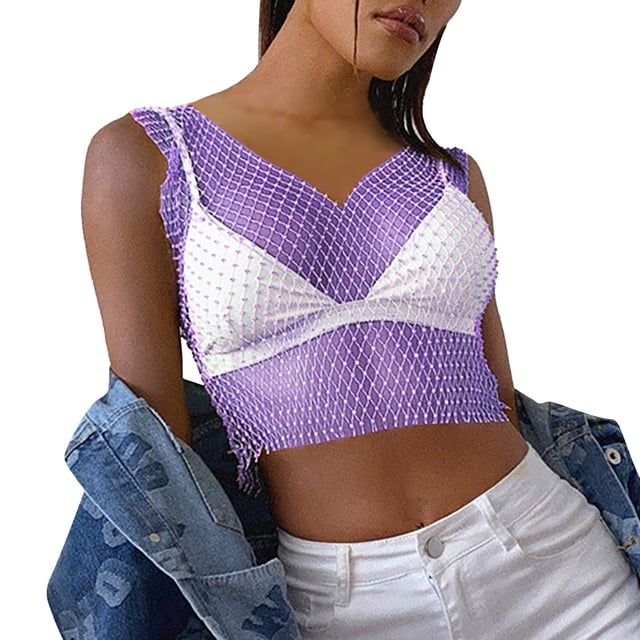 JFHHQ Women's Mesh Rhinestone Crop Tank top Fashionable See Through Blouse for Outfits XS Purple