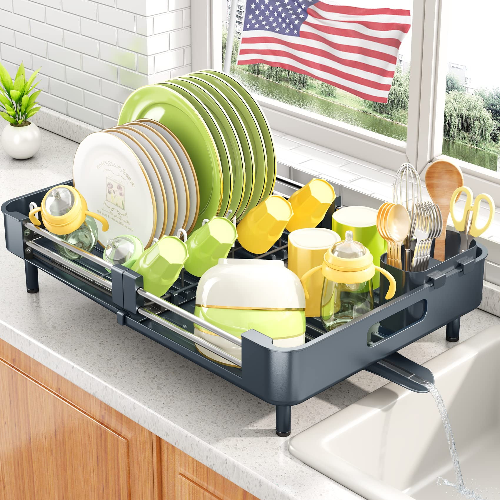 Dish Drying Rack Kitchen counter Drainers Auto Drain Expandable 132 197 Stainless Steel Large Strainers Over Sink Rack Drainboard with Utensil Holder caddy Organizer grey Walmart