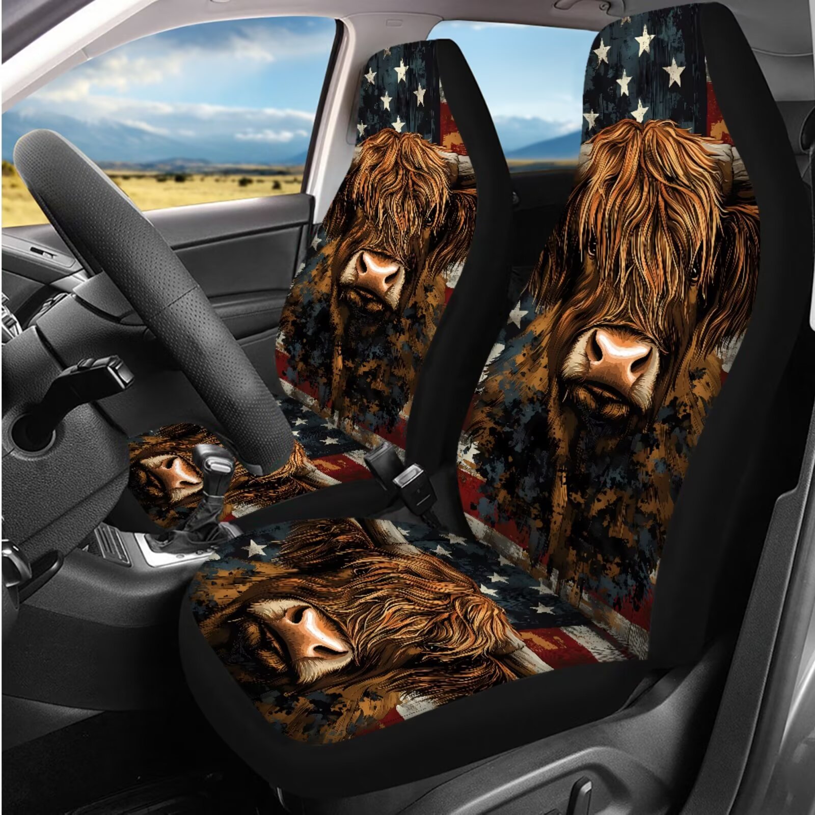 Uorisanigo Highland Cow 14 Pcs Car Seat Covers Sets with Cars Headrest Cover and Steering Wheel Cover Seat Belt Pads Car Water Cup Coaster Keychain Decorative Personalized Fit Cars SUVs