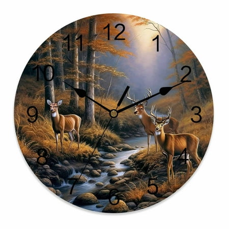 Silent Wall Clocks Battery Operated, Fall Forest Rustic Deer Round Decorative Wall Clock for Living Room Bedroom Kitchen Bathroom Classroom Decor, 12 Inch Nature Creeks Rock