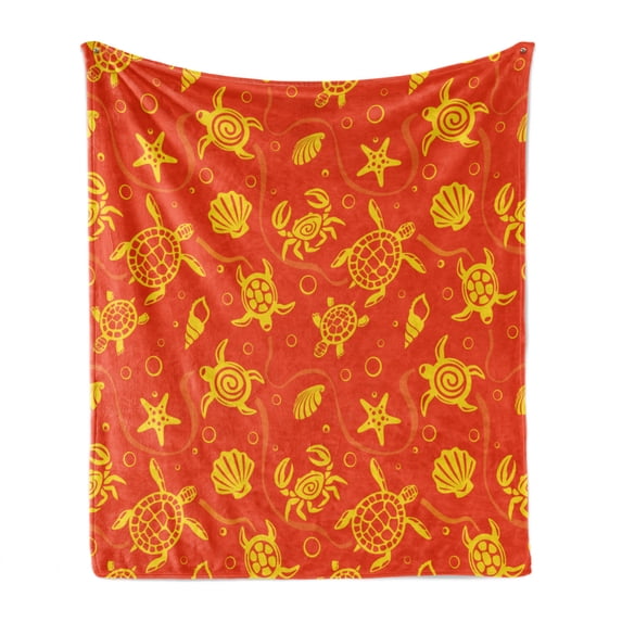 Orange Soft Flannel Fleece Throw Blanket, Swimming Turtles and Crabs with Seashells Bubbles and Starfish Tropical, Cozy Plush for Indoor and Outdoor Use, 50" x 60", Burnt Orange Yellow, by Ambesonne