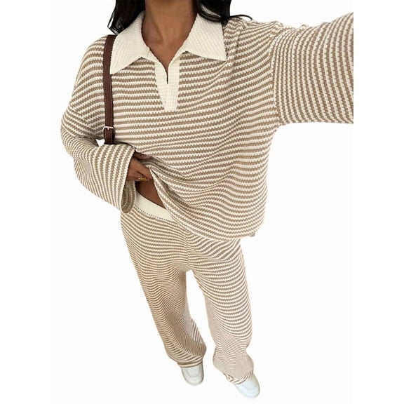 Womens Sweater Set 2 Piece Outfits Striped Long Sleeve Collared Tops Wide Leg Pants Lounge Sets Color XL