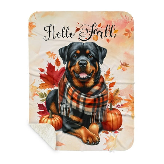 Hello Fall Rottweiler Scarf Welcome Autumn with Leaves Pumpkins Cozy Sherpa Blanket Rottie Dog Lover Gifts Idea Warm Soft Throw Blanket - 00011