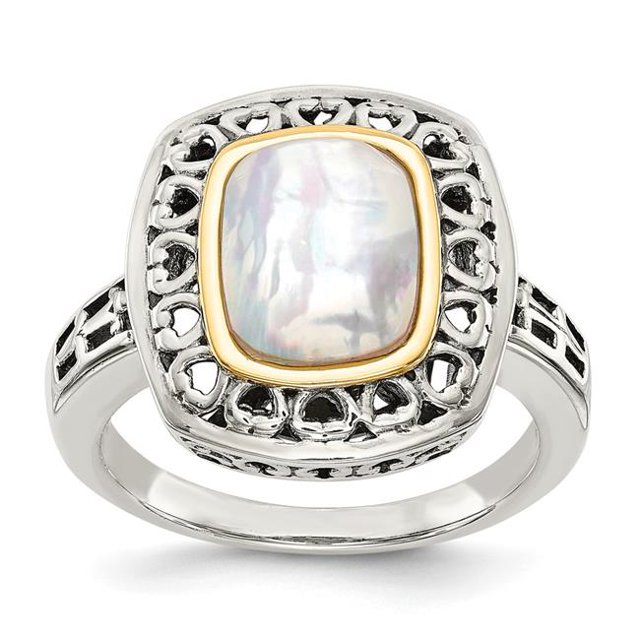 Sterling Silver with 14K Gold Antiqued MOP Ring - Size 7