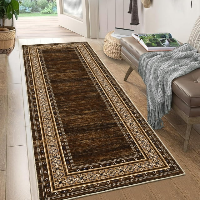 Modern Geometric Runner Rug 2x6ft – Washable Soft Carpet with Non-Slip Backing and Low Pile Design – Reddish Brown Rug for Hallway, Entryway and Kitchen