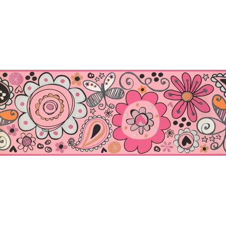 White Pink Painted Flower Butterfly Kids Wallpaper Border For Bedroom Playroom Roll 15 X 9