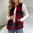 thumbnail image 2 of Women's Plaid Fleece Vest, Crew Neck Sleeveless Cardigan Tops, Winter Warm No Hood Outerwear Vests with Pockets, 2 of 9