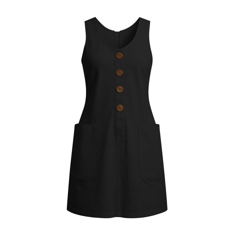 Kvture Women's Sleeveless Summer Linen Mini Dress Button Front Loose Crew  Neck Tunic Dresses with Pockets Light Blue