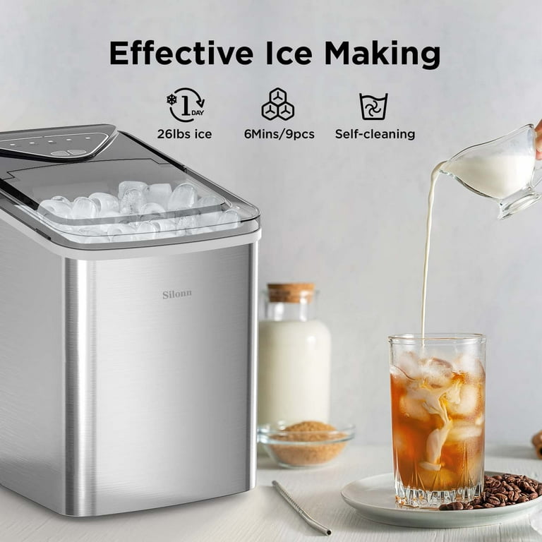 LHRIVER Countertop Ice Maker, Self-Cleaning Portable Ice Maker Machine with  Handle, 9 Bullet-Shaped Ice Cubes Ready in 6 Mins, 26Lbs/24H with Ice