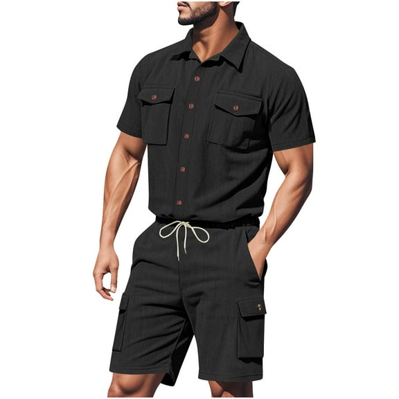Stamzod Men Short Sets Outfits Summer Solid Color Turndown Shirts & Cargo Shorts Set with Pocket Plus Size Two Piece Daily Casual Sweatsuits for Men Black S