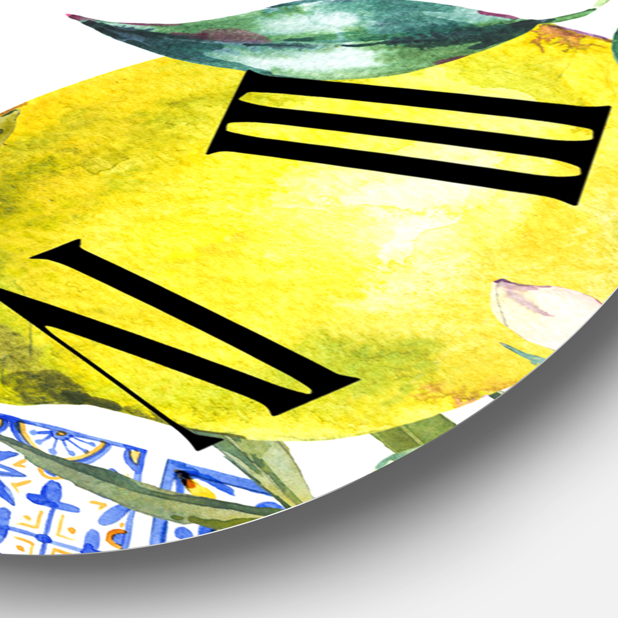 Designart 'Lemon Ornament On Blue Geometrical Pattern Ii' Tropical Wall Clock