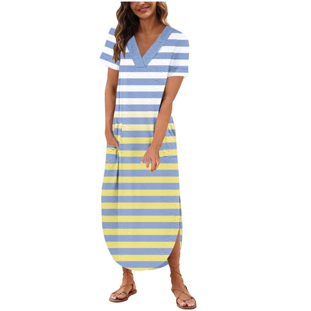 Vestido de Manga Corta para las Mujeres, Vestido Casual de Cuello en V de Bolsillo de Impresión de Moda Sexy Hecho de Poliéster Ligero para el Verano, Vestido de Verano para las Mujeres