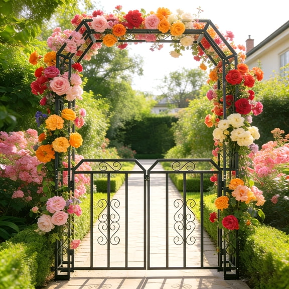 YOHKOH Heavy-Duty Metal Garden Arch with Locking Gate, Outdoor Arch Trellis & Arbor for Climbing Plants, Wedding, Patio & Backyard – 59"W x 16"D x 95"H, Black