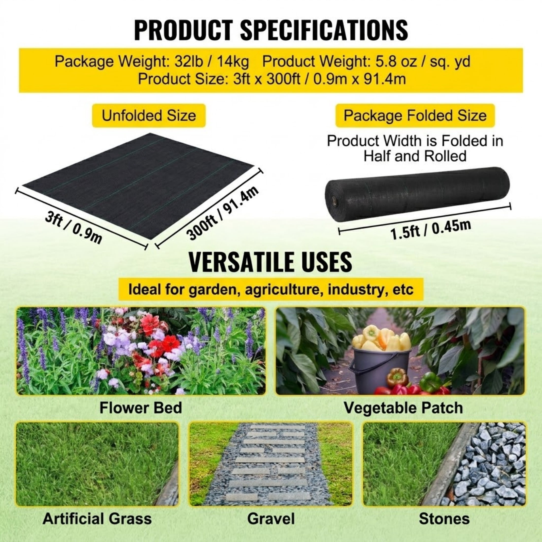 3ft x 300ft 5.8oz Weed Barrier, Heavy Duty Woven Landscape Fabric, Black