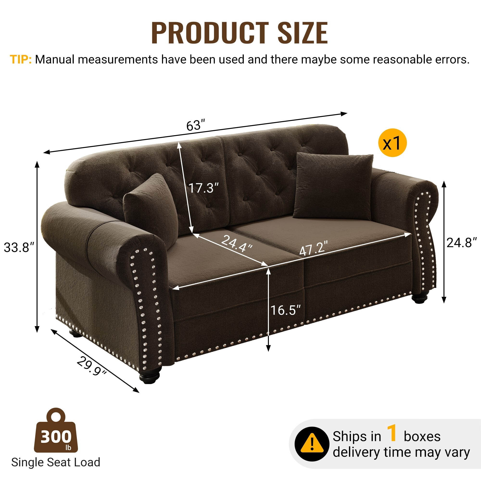 AENKYO 63" Chesterfield Velvet Loveseat, Mid-Century Modern 2-Seat Sofa with Nailhead Trim and Tufted Back, Brown