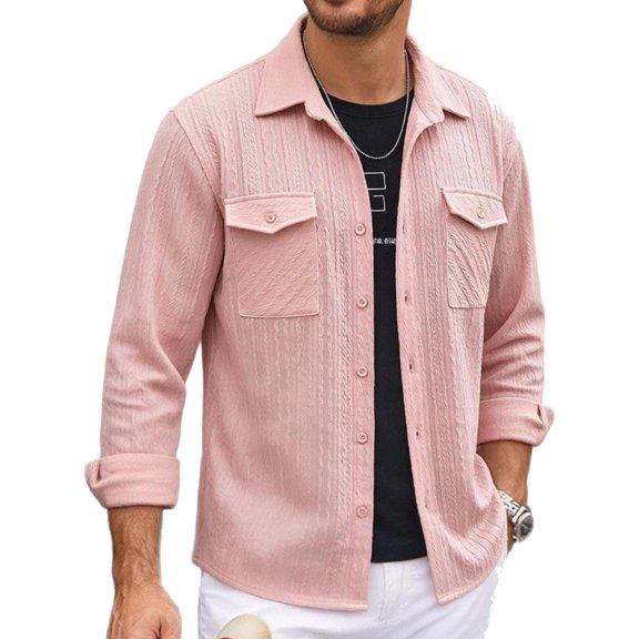 Stamzod Mens Button Down Shirt Jacket Casual Long Sleeve Shacket Lightweight Textured Untucked Shirts Pink B XL
