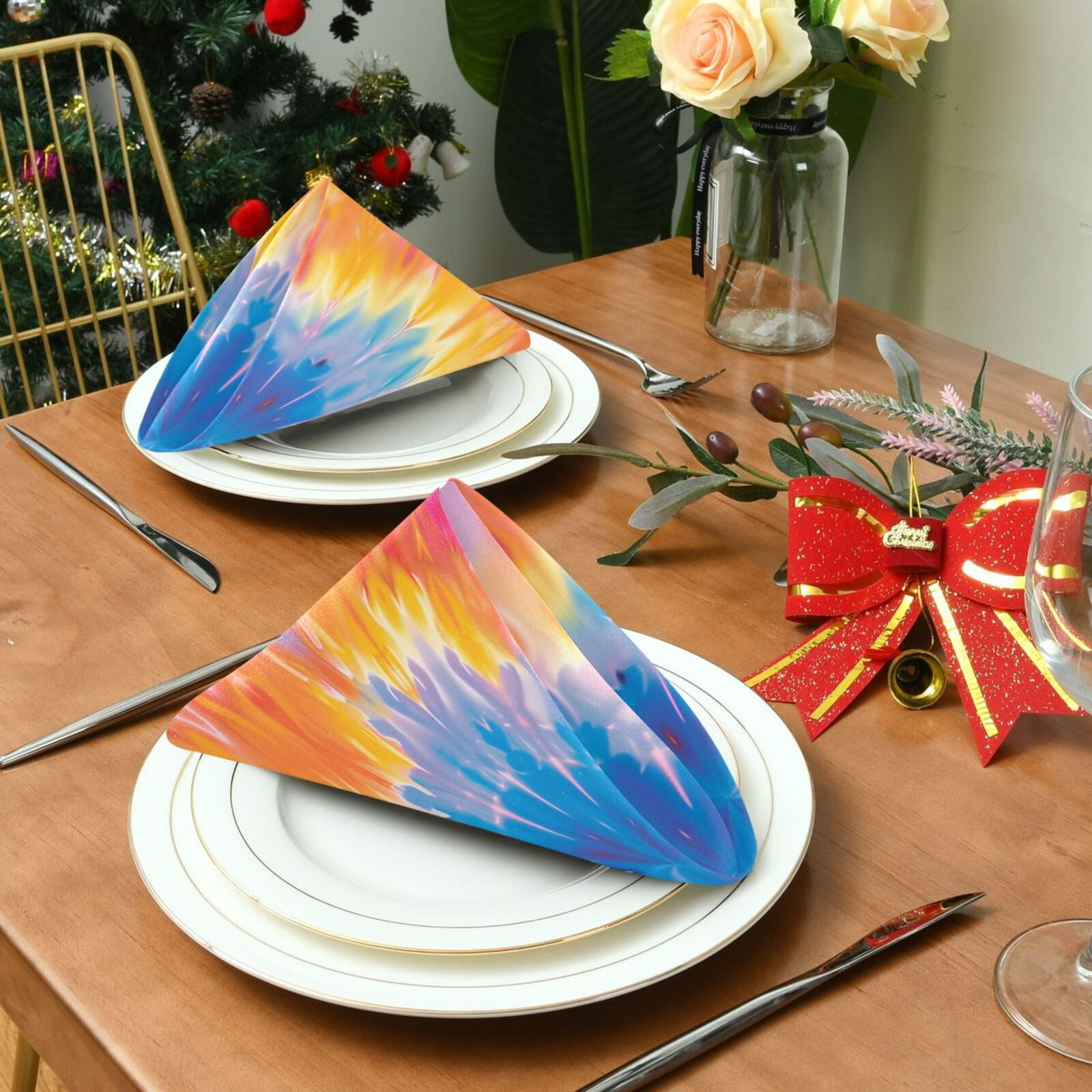 JSTEL Tie Dye Pink Yellow & Blue Cloth Napkins Set of 6, 20x20 Inch Washable and Reusable Napkin for Decoupage Dinner Party Everyday Use