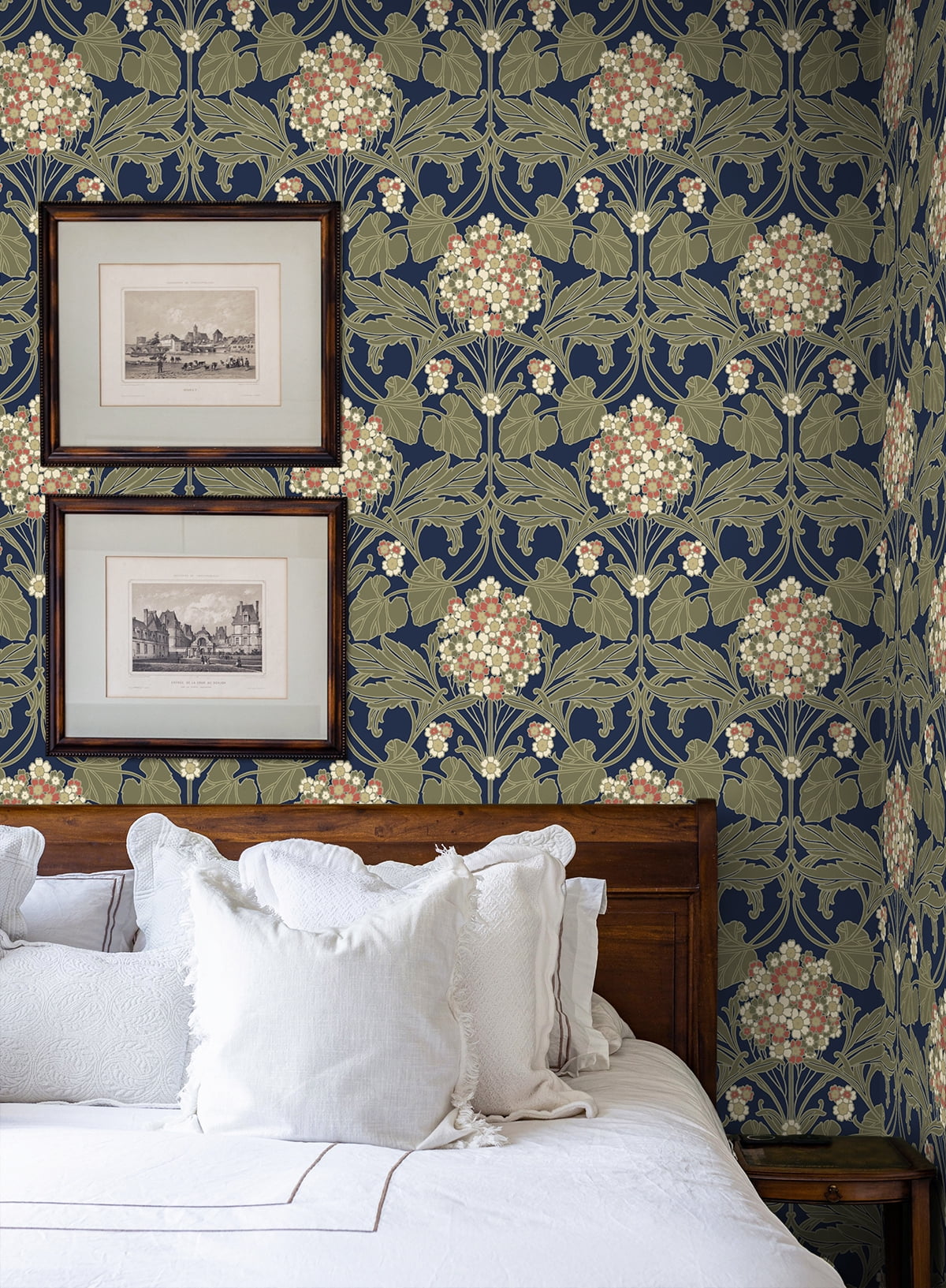 NextWall Dark Blue & Terra Cotta Hydrangea Floral Peel and Stick Wallpaper - 20.9 in. W x 18 ft. L Roll