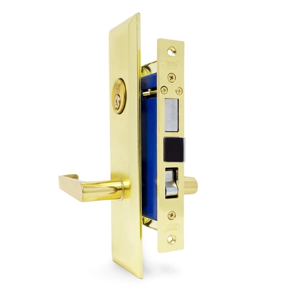 Lever Mortise Keyed Lockset - Left Hand - Polished Brass US3 Finish - 2-1/2" Backset - 2 SC1 Keys