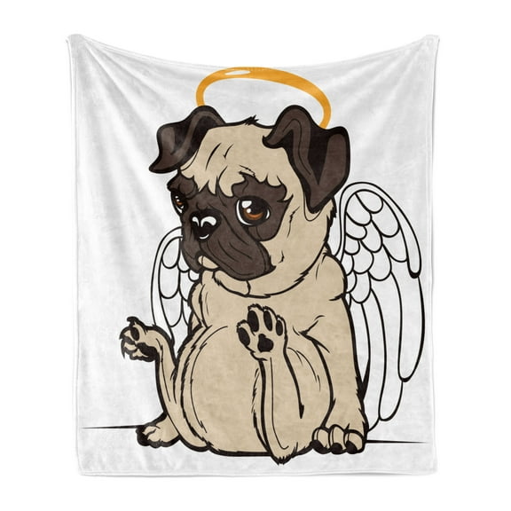 Pug Soft Flannel Fleece Throw Blanket, Pet Puppy Angel a Hare on Its Head Wings Heaven, Cozy Plush for Indoor and Outdoor Use, 50" x 60", Orange Beige and Brown, by Ambesonne