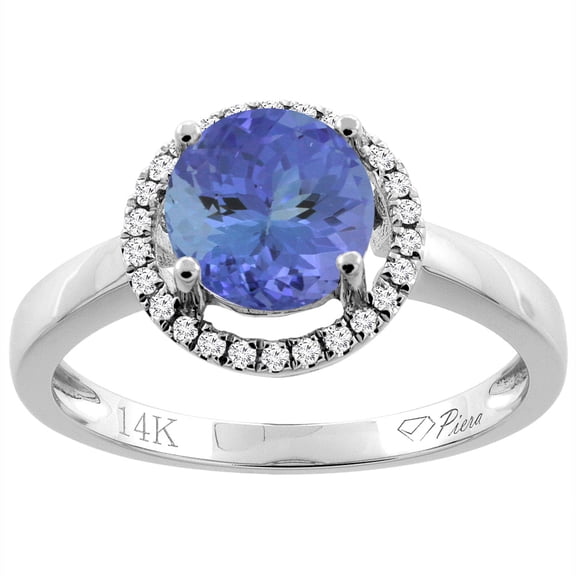 14K White Gold Natural Tanzanite Ring Round 7 mm Diamond Accents, size 9.5