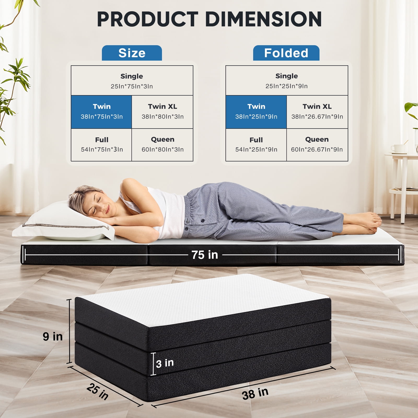 MAYEERTY 3" Tri-Fold Memory Foam Mattress Portable Foldable Non-Slip Floor Bed for Camping & Guest Use, Queen