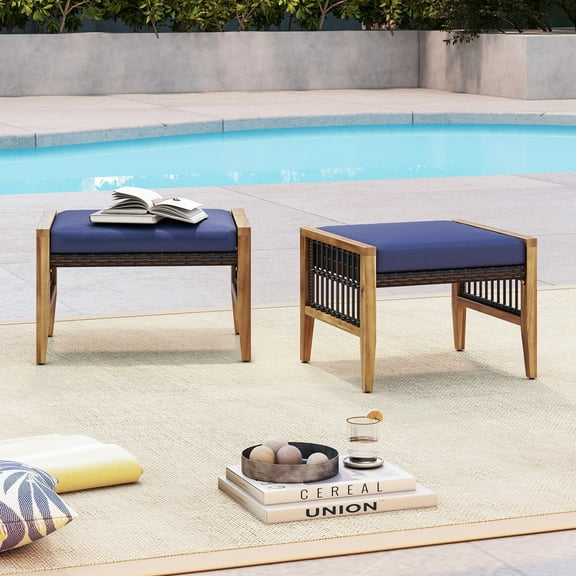 Gymax 2PCS Acacia Wood Outdoor Patio Ottoman Footstool w/ Removable Cushion