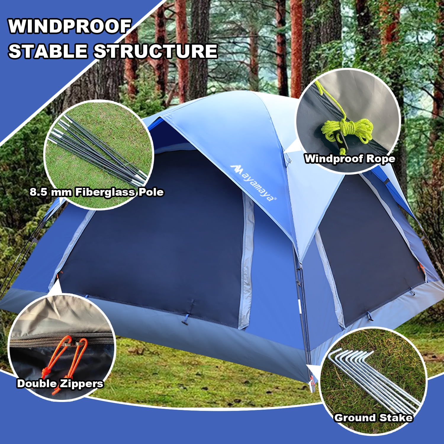 AYAMAYA 4 Person Camping Tent, Outdoor Dome Tents with Double Mesh Door & Removable Rainfly, Windproof & Waterproof Easy Setup, Lightweight Tentsfor Backpacking,Hiking-Blue
