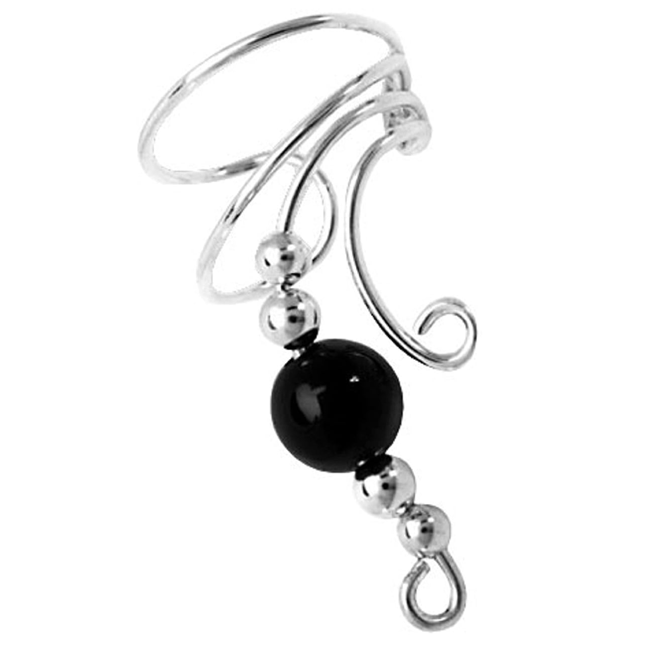 Sterling Silver Left Only Curly Q Black Onyx Bead Ear Cuff Wrap 