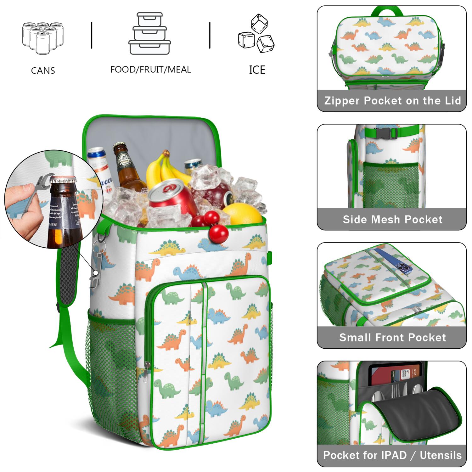 Travel Cooler Bag - White Cartoon Dinosaurs Pattern Camping Beer Cooler Backpack with Bottle Opener- Waterproof Insulated Picnic Backpacks - Cooler Bag for Beach