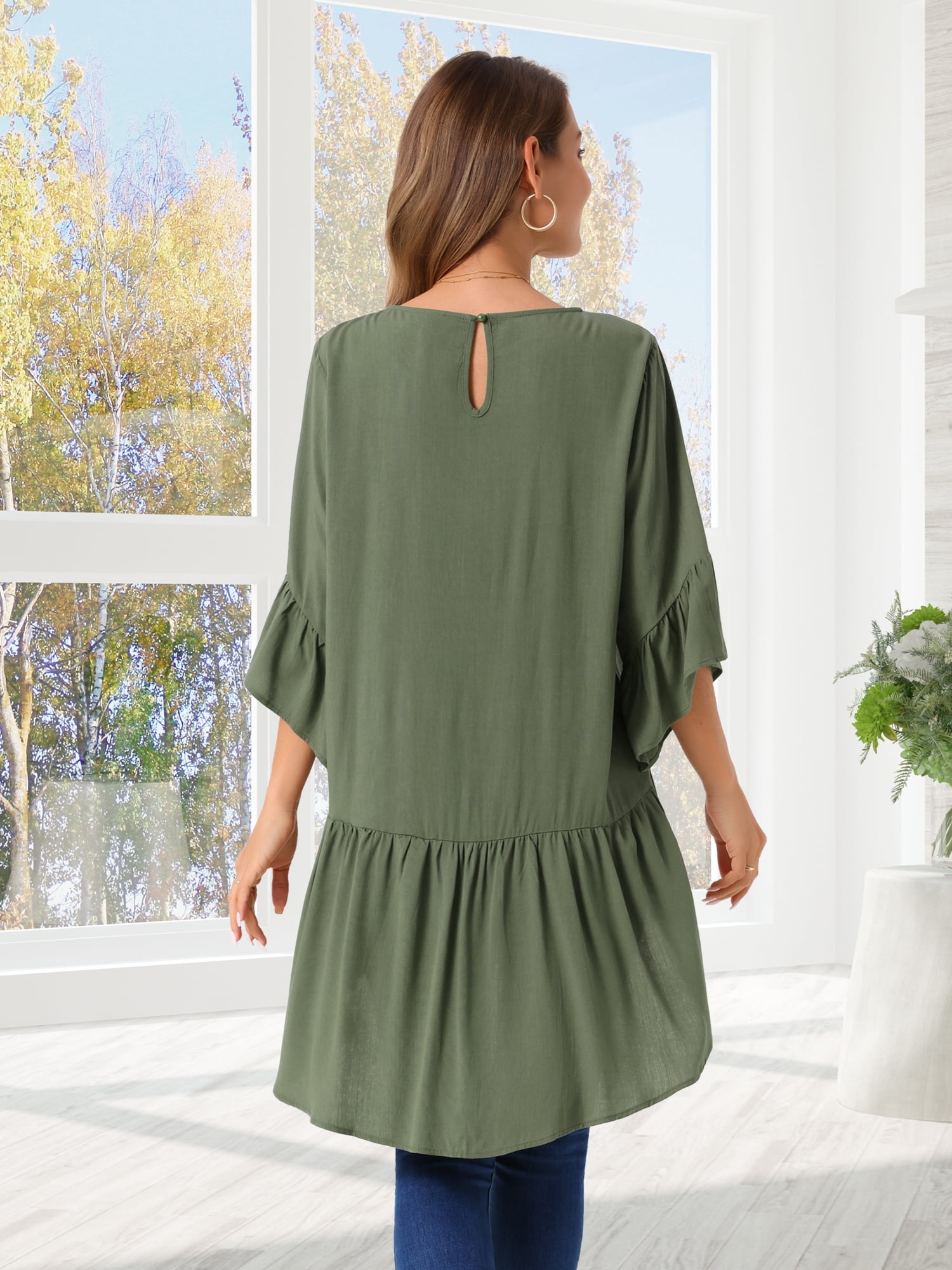 DARING DIVA Women's High Low Tops Bell Sleeve Crewneck Ruffle Blouse 2XL Army Green