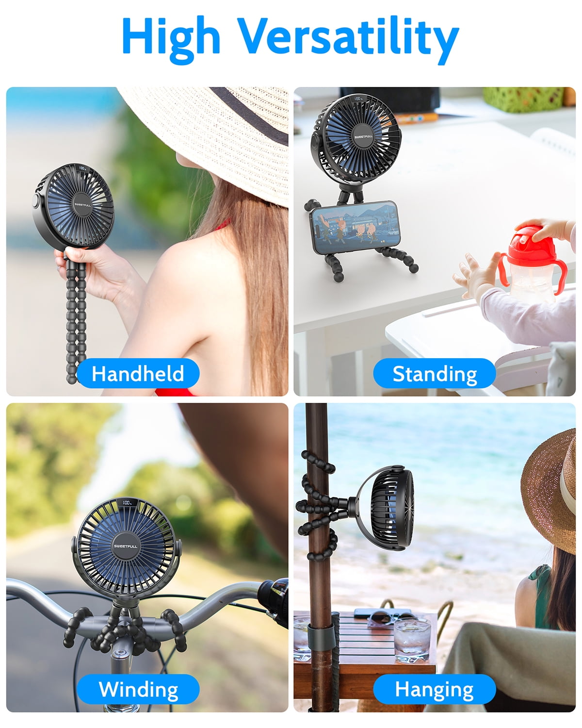 SWEETFULL Portable Stroller Fan, with Display 4000mAh Battery Powered Mini Clip On Fan, 4-Speed Rechargeable Small Personal Fan Handheld Desk Cooling Fan for Baby Car Seat Crib Travel Black