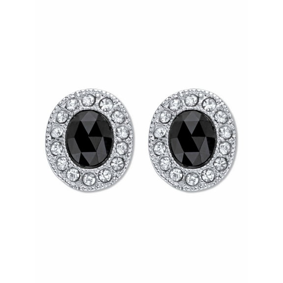 PalmBeach Jewelry Oval Checkerboard Cut Simulated Black Onyx With Crystal Accent Earrings Silvertone Omega Back