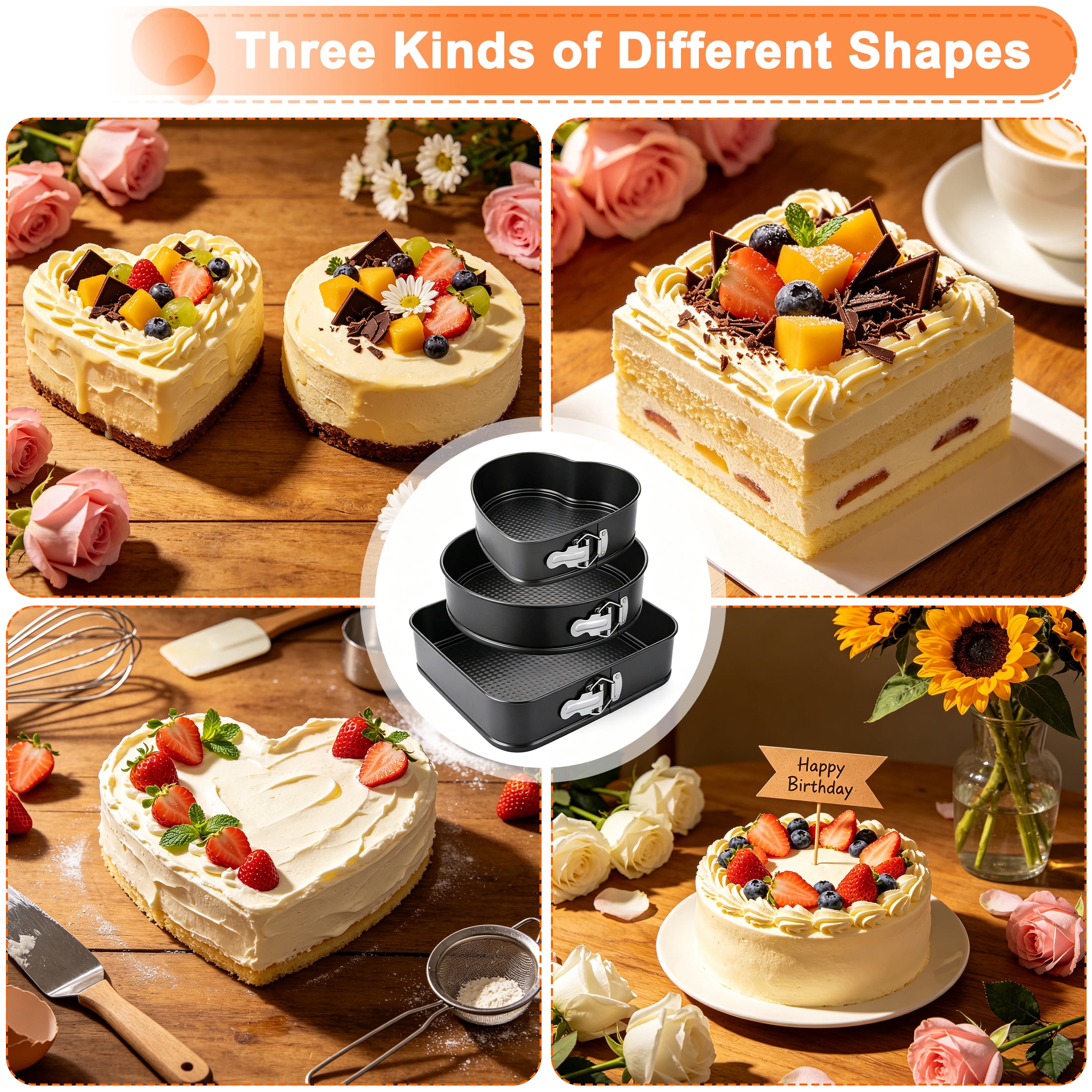 3 Pcs Springform Cake Pan, 8", 9" ,10" Non‑stick Removable Bottom Baking Molds, Heart Round Square Bakeware for new and experienced baking enthusiasts